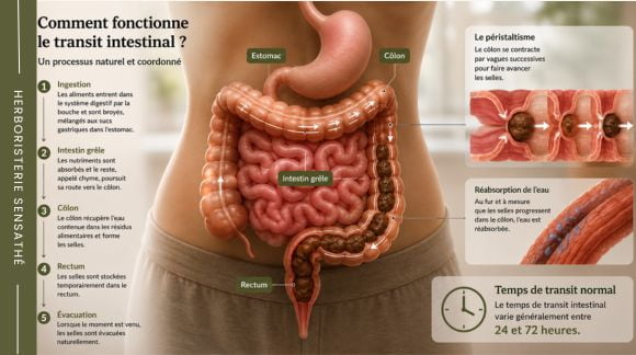 Illustration de comment fonctionne le transit intestinal - Herboristerie Sensathé
